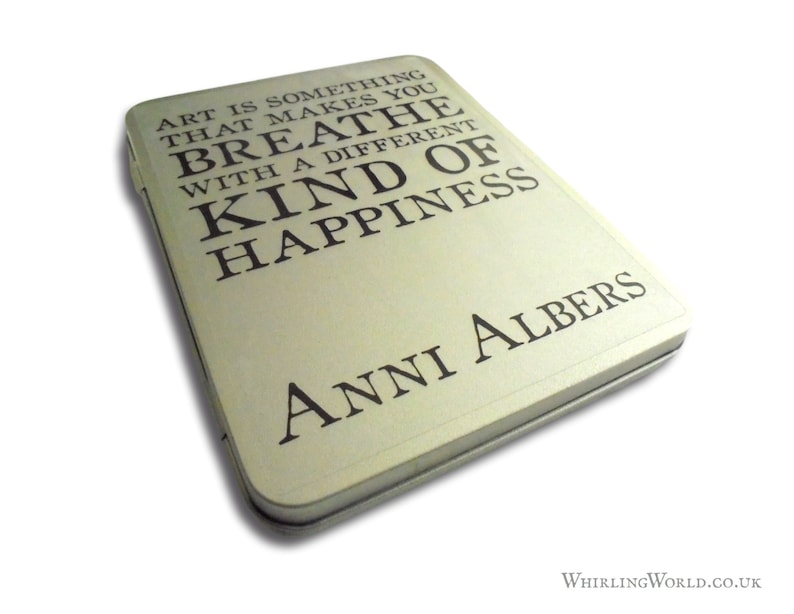 Art Quote Tin Box for Watercolour Storage Happiness quotation, mailable gift for artist empty hinged lid metal paintbox, make your own ALBERS - Happiness