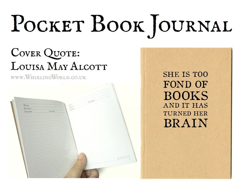 Puede incluir: Un diario de bolsillo marr&oacute;n con la cita "She is too fond of books and it has turned her brain" impresa en la portada. La cita de la portada se atribuye a Louisa May Alcott.