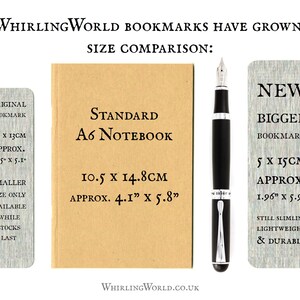 May include: Size comparison of three bookmarks. The original bookmark is 3.5 inches by 5.1 inches. The standard bookmark is 4.1 inches by 5.8 inches. The new bookmark is 1.96 inches by 5.9 inches. The new bookmark is described as bigger, slimline, lightweight, and durable.