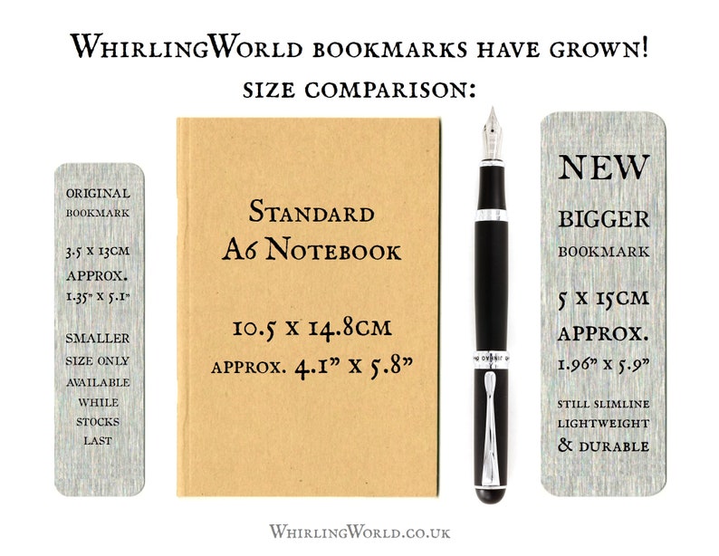 May include: Size comparison of three bookmarks. The original bookmark is 3.5 inches by 5.1 inches. The standard bookmark is 4.1 inches by 5.8 inches. The new bookmark is 1.96 inches by 5.9 inches. The new bookmark is described as bigger, slimline, lightweight, and durable.