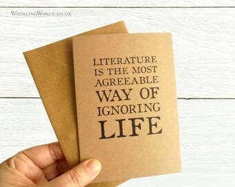 Book Lover Quote Card, blank inside | Pessoa quotation for bookworm birthday or any occasion | A6 kraft greeting card for reclusive reader