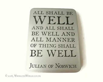 All Shall Be Well Gift Tin | Feel Good Quote Typography, Hinged Storage Tin | Care Package Gift Idea, Julian of Norwich Quote Stationery Tin