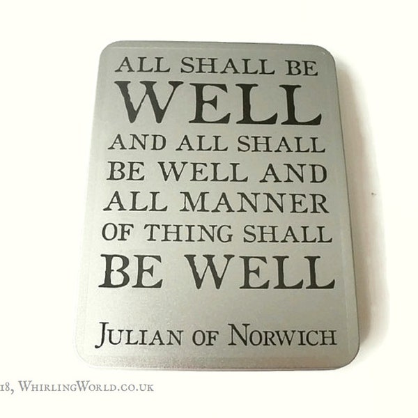 All Shall Be Well Gift Tin | Feel Good Quote Typography, Hinged Storage Tin | Care Package Gift Idea, Julian of Norwich Quote Stationery Tin