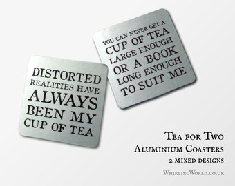 Tea Drinker Coaster Set - Quotes from authors about tea & books | bookish reading room side table drink mats | Typography quotation on metal