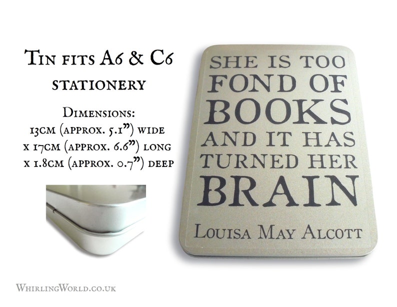 Bookworm Gift Tin for stationery Louisa May Alcott Quote Typography Storage Tin Box Literary Gift Idea for avid reader Hinged Lid Tin image 4