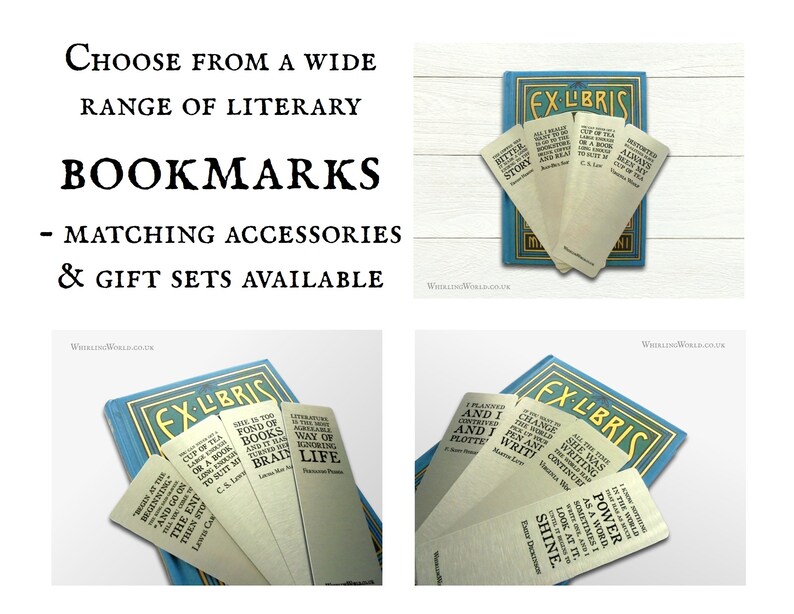 May include: A set of five bookmarks with literary quotes printed on them. The bookmarks are beige with black text and are arranged on top of a blue book with the word "Ex Libris" printed on the cover. The bookmarks are for sale as matching accessories and gift sets.