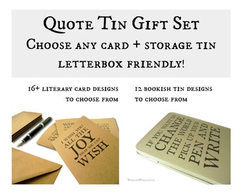 Literary Storage Tin + notecard | Choice of quotes for writers & readers, blank inside kraft card | Minimalist stocking filler, secret santa