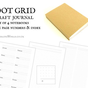Ensemble de 4 carnets à motif quadrillé - Cahiers de notes kraft A5 pour le bricolage, carnet de notes non daté avec numéros de page et index