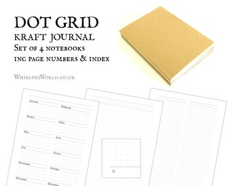 Dot Grid Kraft Journal, Set von 4 Notizbüchern, monatlich gepunktete Seite | A5 diy Tagebuch Monatsplaner, undatiertes Tagebuch mit Seitenzahlen & Register