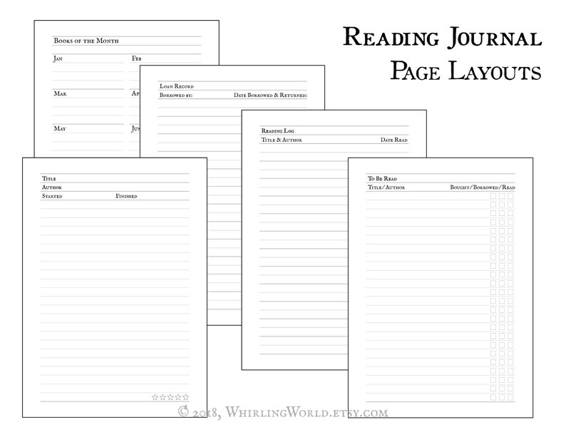 May include: Four different page layouts for a reading journal. The layouts include a "Books of the Month" calendar, a "Loan Record" page, a "Reading Log" page, and a "To Be Read" page with a "Bought/Borrowed/Read" checklist.