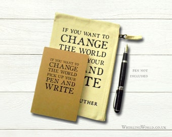 Change the World Notebook & Pencil Case Set | Mailable office gift for writer - inspirational quote | cotton zipper pouch with kraft journal