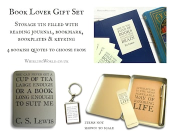 Book Lover Bundle - bookish quote gift set, multi item mystery box | Literary storage tin filled with reading journal, bookmark, bookplates