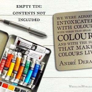Boîte vide pour aquarelle - Citation d'André Derain sur la couleur | Cadeau pour artiste, boîte de peinture en métal avec couvercle à charnière | Boîte de rangement pour oeuvres d'art typographie devis