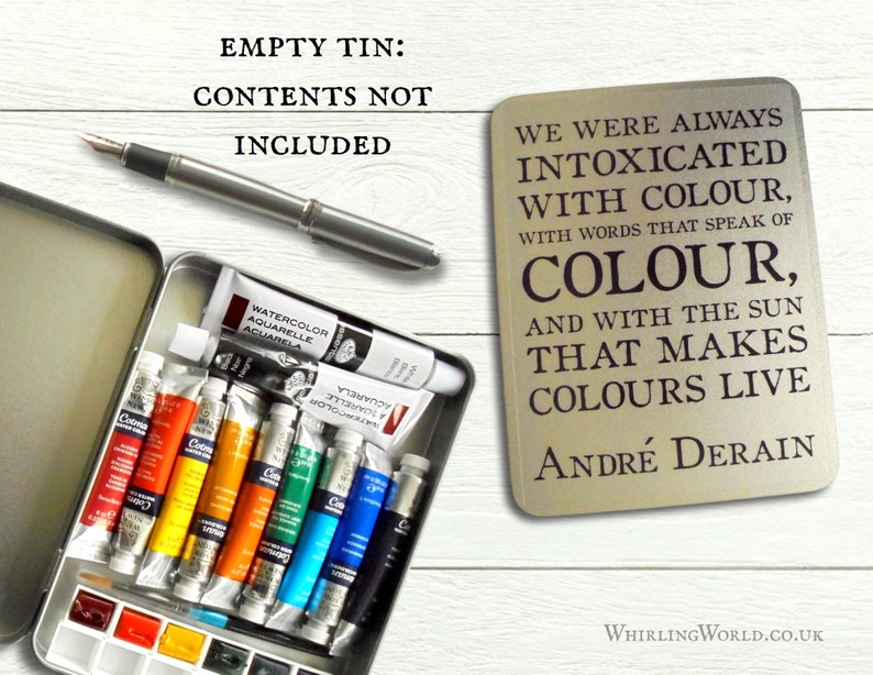 Empty Watercolour Tin Andre Derain Quote About Colour Gift for artist, hinged lid metal paint box Quotation Typography Art Storage Tin image 1