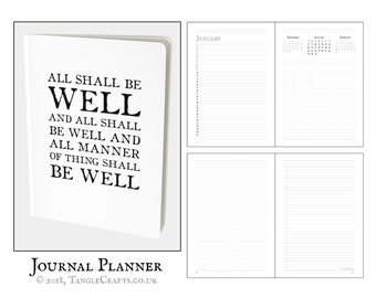 Undated Journal - All Shall Be Well Quote | A5 Any Year Diary inc Monthly Planner, Dot Grid & Free Journal Layout, A-Z Index, Numbered Pages