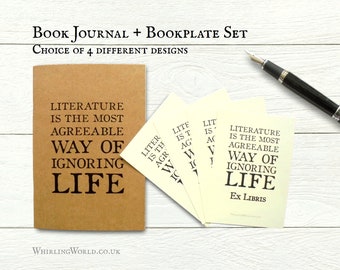 Bookplates & Book Journal Set - Book Lover Accessory Pack, Pessoa quote | Reading room gift, home library loan log book + ex libris labels