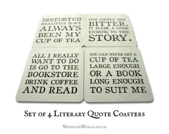 Literary Coaster Set - Quotes about Books, Reading & Drinks | Coffee and tea quotation, aluminium drink mats | book group gift, table decor