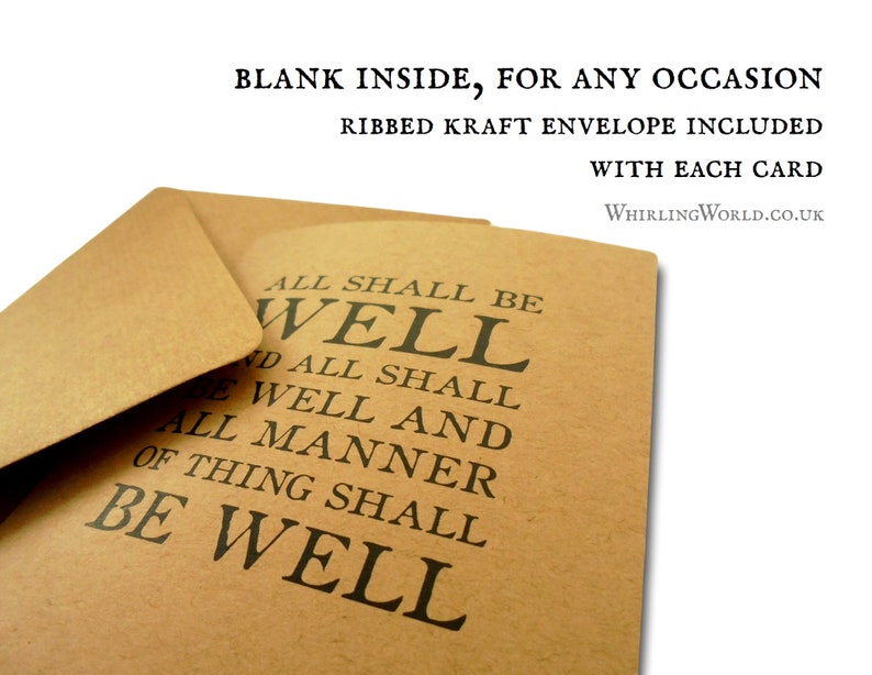 May include: A brown card with the text "All shall be well and all manner of thing shall be well" printed on it. The card is blank inside and comes with a brown envelope.