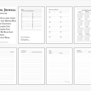 Puede incluir: Un diario de lectura imprimible en blanco y negro con una p&aacute;gina de portada que enumera las funciones incluidas: &iacute;ndice alfab&eacute;tico de p&aacute;ginas, p&aacute;gina de libros del mes, calendario de cualquier a&ntilde;o, registro de lectura de 4 p&aacute;ginas, registro de pr&eacute;stamos de 4 p&aacute;ginas, lista de libros para leer de 5 p&aacute;ginas, 30 p&aacute;ginas de rese&ntilde;as de libros numeradas. El diario est&aacute; dise&ntilde;ado para realizar un seguimiento del progreso de la lectura y organizar listas de libros.