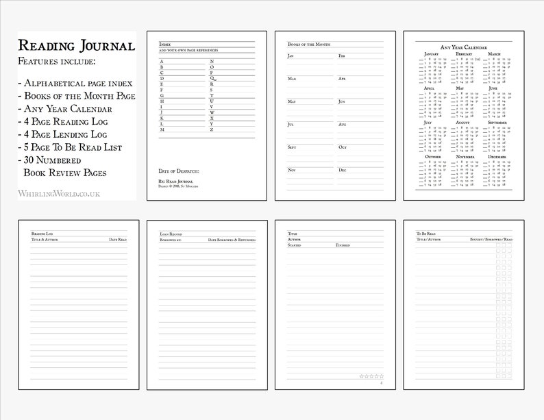 Puede incluir: Un diario de lectura imprimible en blanco y negro con una p&aacute;gina de portada que enumera las funciones incluidas: &iacute;ndice alfab&eacute;tico de p&aacute;ginas, p&aacute;gina de libros del mes, calendario de cualquier a&ntilde;o, registro de lectura de 4 p&aacute;ginas, registro de pr&eacute;stamos de 4 p&aacute;ginas, lista de libros para leer de 5 p&aacute;ginas, 30 p&aacute;ginas de rese&ntilde;as de libros numeradas. El diario est&aacute; dise&ntilde;ado para realizar un seguimiento del progreso de la lectura y organizar listas de libros.