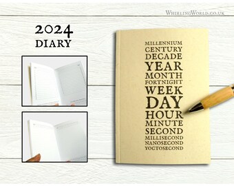 2024 Time Diary, New Year Gift | Pocket size A6 month planner - calendar measurements, literary quotes & note pages | Recycled agenda book