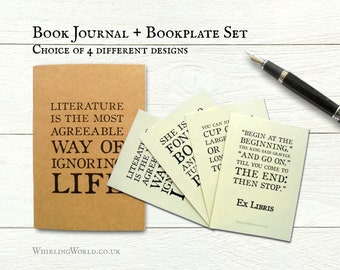 Literary Book Journal + Bookplate Set - quotes about books & reading | Practical gift for book lover, library organisation labels, loan log