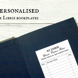 May include: A white card with black text that reads "Ex Libris Your Name Here Please return by date marked below" with a table below for recording dates, borrower's names, and due dates.