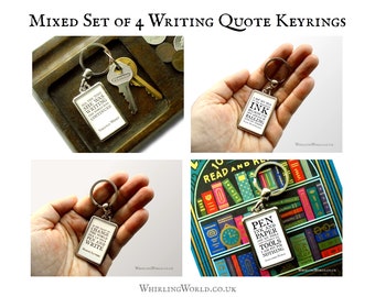 Writing Quote Keychain Set | Pack of 4 quotation keyrings for writers | mixed variety bundle literary table gifts, author party favours