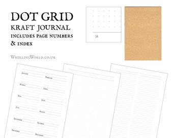 Dot grid notebook, A5 with numbered pages & index | Plain kraft cover, ready to decorate | natural ecofriendly jotter, eco recycled paper UK