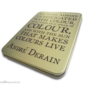 Empty Watercolour Tin Andre Derain Quote About Colour Gift for artist, hinged lid metal paint box Quotation Typography Art Storage Tin image 5