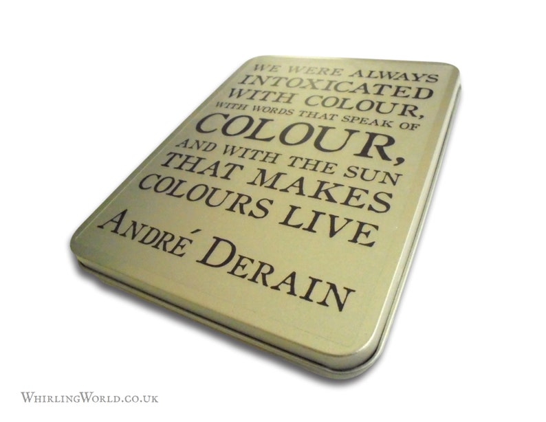 Empty Watercolour Tin Andre Derain Quote About Colour Gift for artist, hinged lid metal paint box Quotation Typography Art Storage Tin image 5