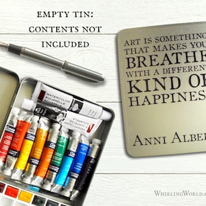 Art Quote Tin Box for Watercolour Storage Happiness quotation, mailable gift for artist empty hinged lid metal paintbox, make your own image 1