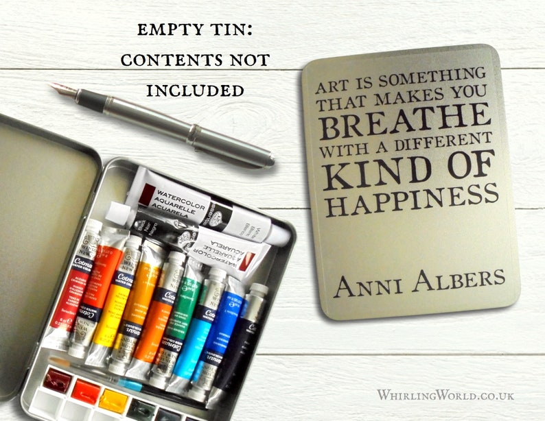 Art Quote Tin Box for Watercolour Storage Happiness quotation, mailable gift for artist empty hinged lid metal paintbox, make your own image 1