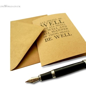 Tout ira bien carte de correspondance | Je pense à vous, carte de voeux intérieure vierge pour toutes les occasions, carte pour notes typographique Kraft A6 avec citation de Julian of Norwich