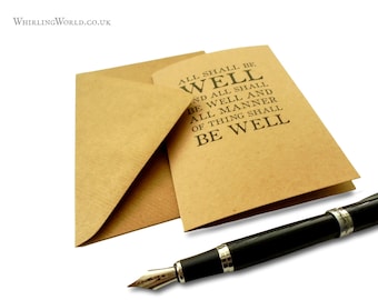 All Shall Be Well Note Card | Thinking Of You, Any Occasion Blank Inside Greeting Card, Julian of Norwich Quote A6 Kraft Typography Notecard