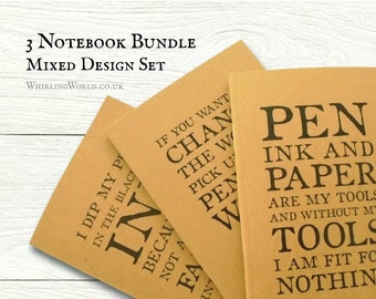 Writing Quote Pocket Journals, 3 mixed notebook set | Literary inspiration & motivation, care package gift for writer | lined kraft cahier