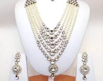 Handmade Indian Jewelry Rani haar Necklace Set With Pearl imitation , Czech , Gold Plated indian Jewellery