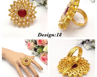 Handmade Adjustable Polki Finger Ring . Cubic Zirconia Indian jewelry Pakistani Bollywood Style indian jewellery