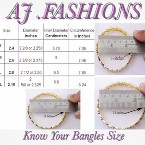 May include: Image shows gold bangles with measurements in inches and centimeters. The text "AJ. FASHIONS" is at the top. The text "Know Your Bangles Size" is at the bottom. The bangles are measured at 2.4 inches, 2.6 inches, and 2.8 inches.
