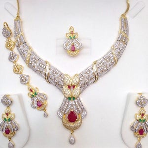 Ruby Emerald and CZ American Dimonds Gold Plated Cubic Zirconia Indian Jewelry Bridal Jewellery Necklace Set Indian Jewellery Indian Jewelry image 6