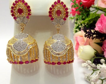 CZ American Dimonds High Quality Heavy Gold Plated Cubic Zirconia Indian Jewelry Jhumka Earrings Set Bollywood jewelry