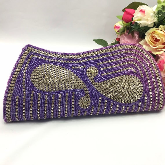 Glamorous Purple Bead Bridal Clutch Handmade Purse Indian Wedding