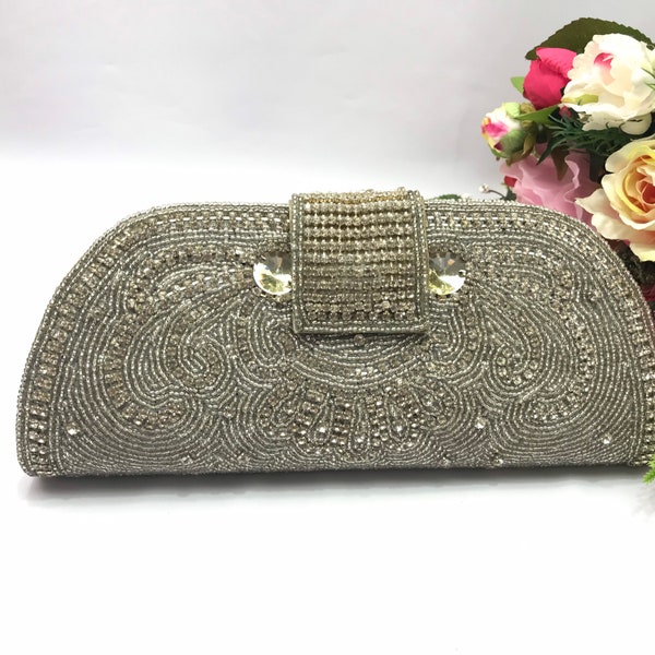 Glamorous white bead bridal clutch | Handmade purse | Indian wedding bag | Classic Christmas Gift Bags | Formal party purse | Women wallet