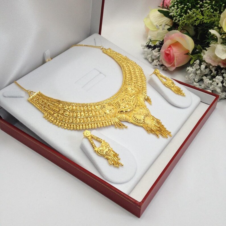 Handmade Indian Bridal Wedding Jewelry 22ct Heavy Gold Plated Necklace Set with Earrings Indian Jewelry Indian Bollywood Jewelry