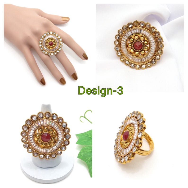 Adjustable Polki Finger Ring With Cubic Zirconia Indian Jewelry Handmade Indian Jewellery