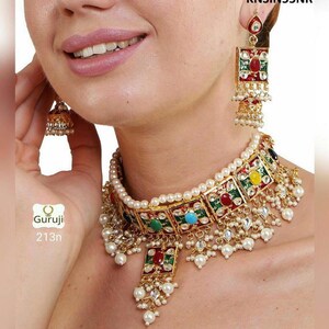 Handmade kundan Gulubandh Necklace Set with Earrings Indian Wedding Jewelry Indian jewelry Bollywood jewelry image 2