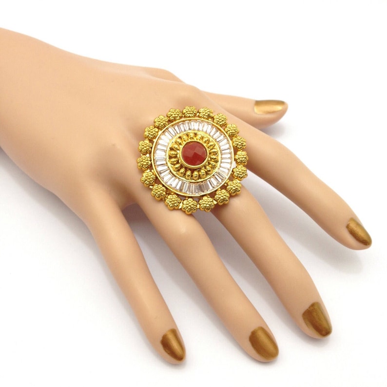 Adjustable Polki Finger Ring With Cubic Zirconia Indian Jewelry Handmade Indian Jewellery