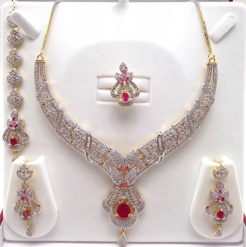 Ruby Emerald and CZ American Dimonds Gold Plated Cubic Zirconia Indian Jewelry Bridal Jewellery Necklace Set Indian Jewellery Indian Jewelry image 1