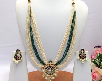 Handmade Kundan Meenakari Long Necklace Haar/Mala Indian Necklace Set with Earrings, Indian wedding, Bollywood Jewelry, Pakistani jewellery