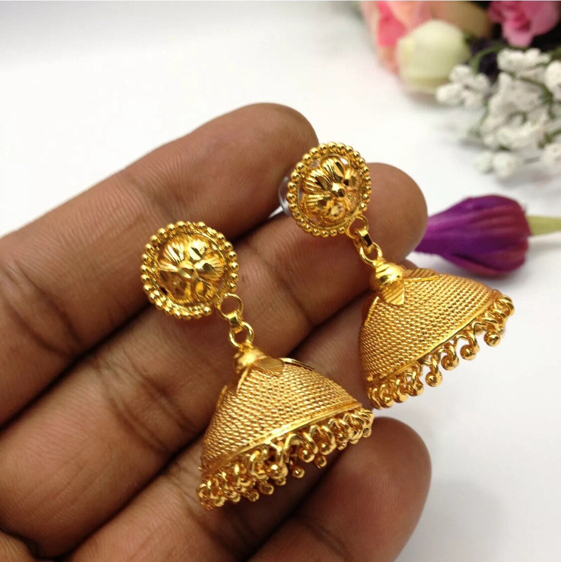 Gold designer jhumka earrings deals